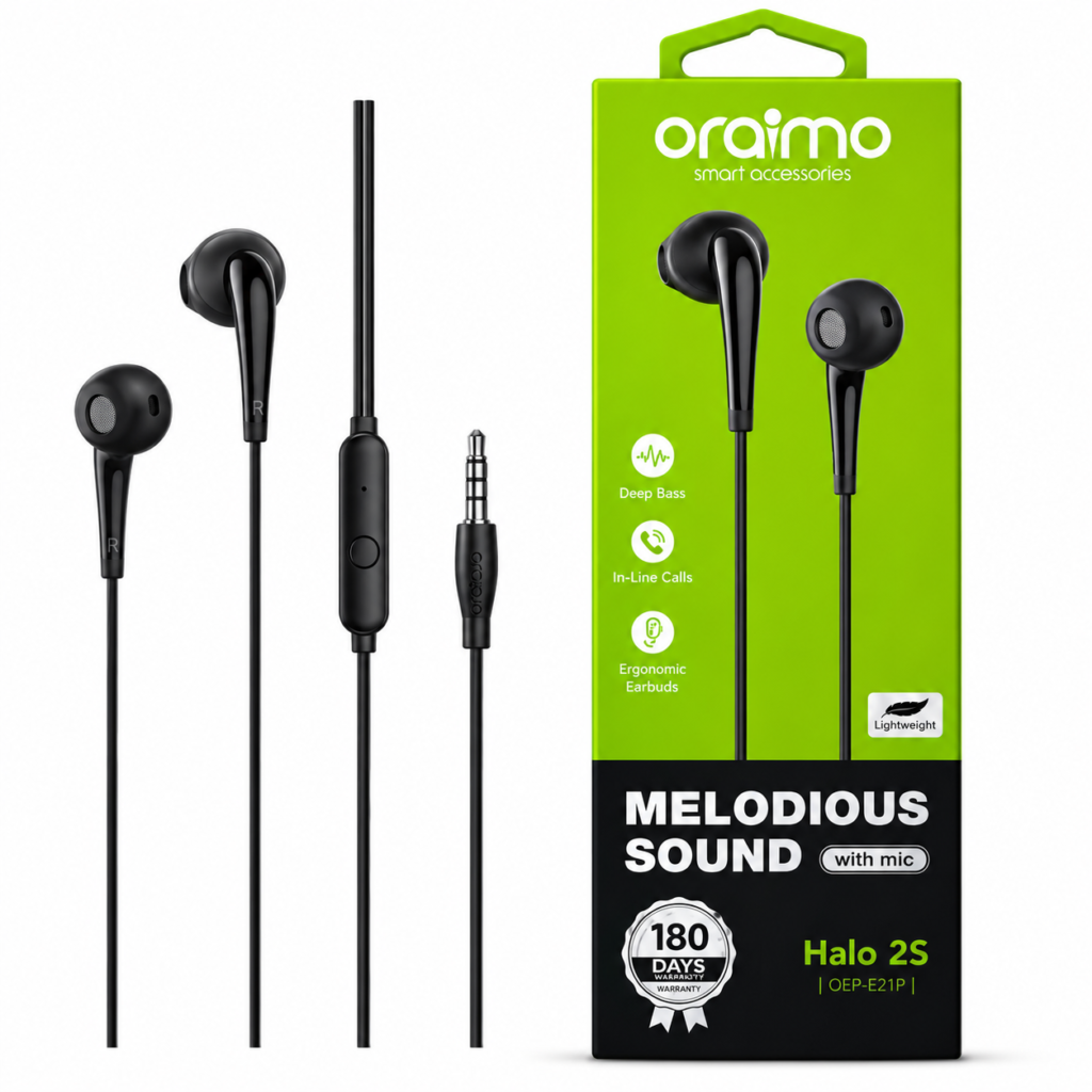 Oraimo Halo 2S OEP-E21P Wired Earphones – Deep Bass & HD Mic